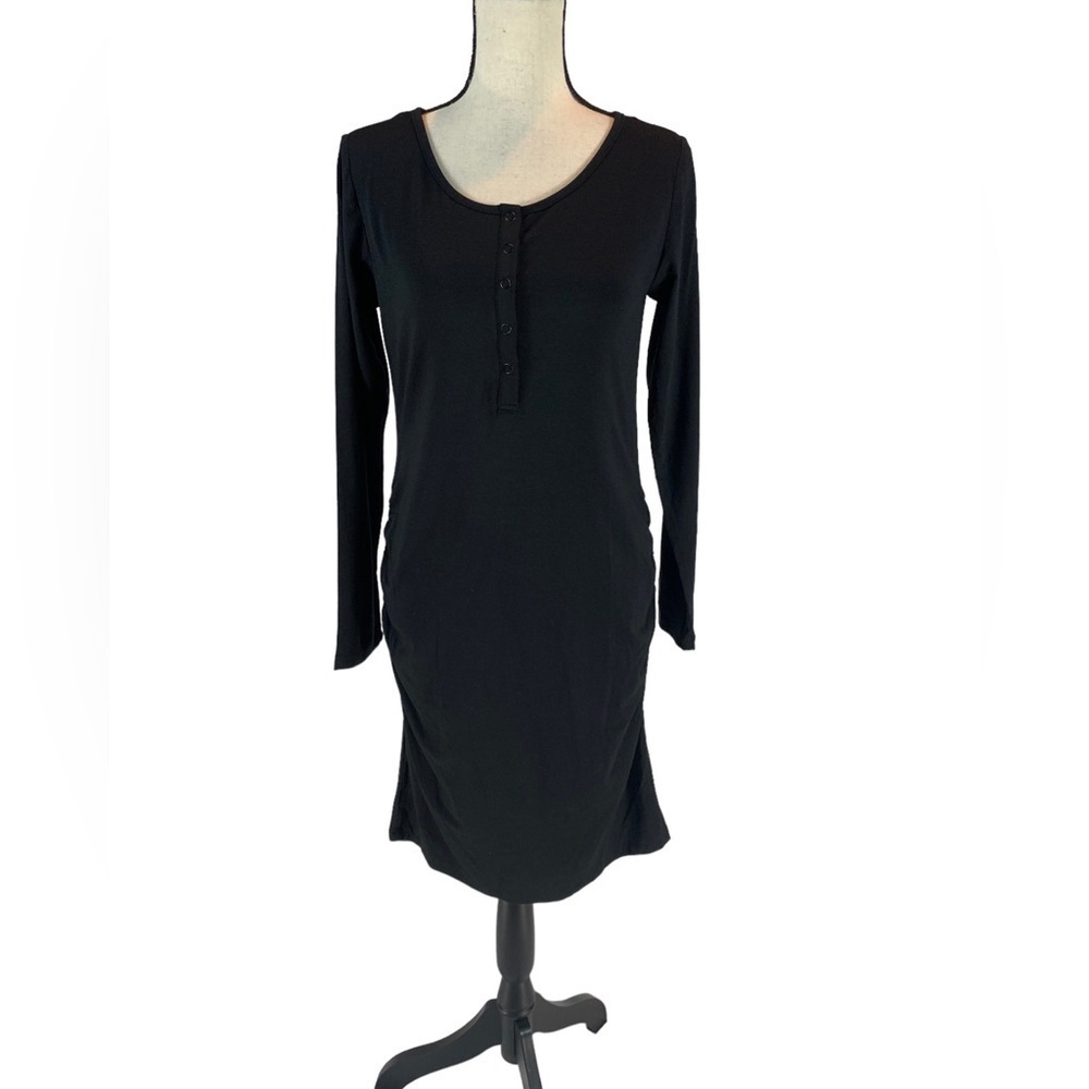 Angel Maternity Black Long Sleeve Snap Front Side Ruched Bodycon Midi Dress - M